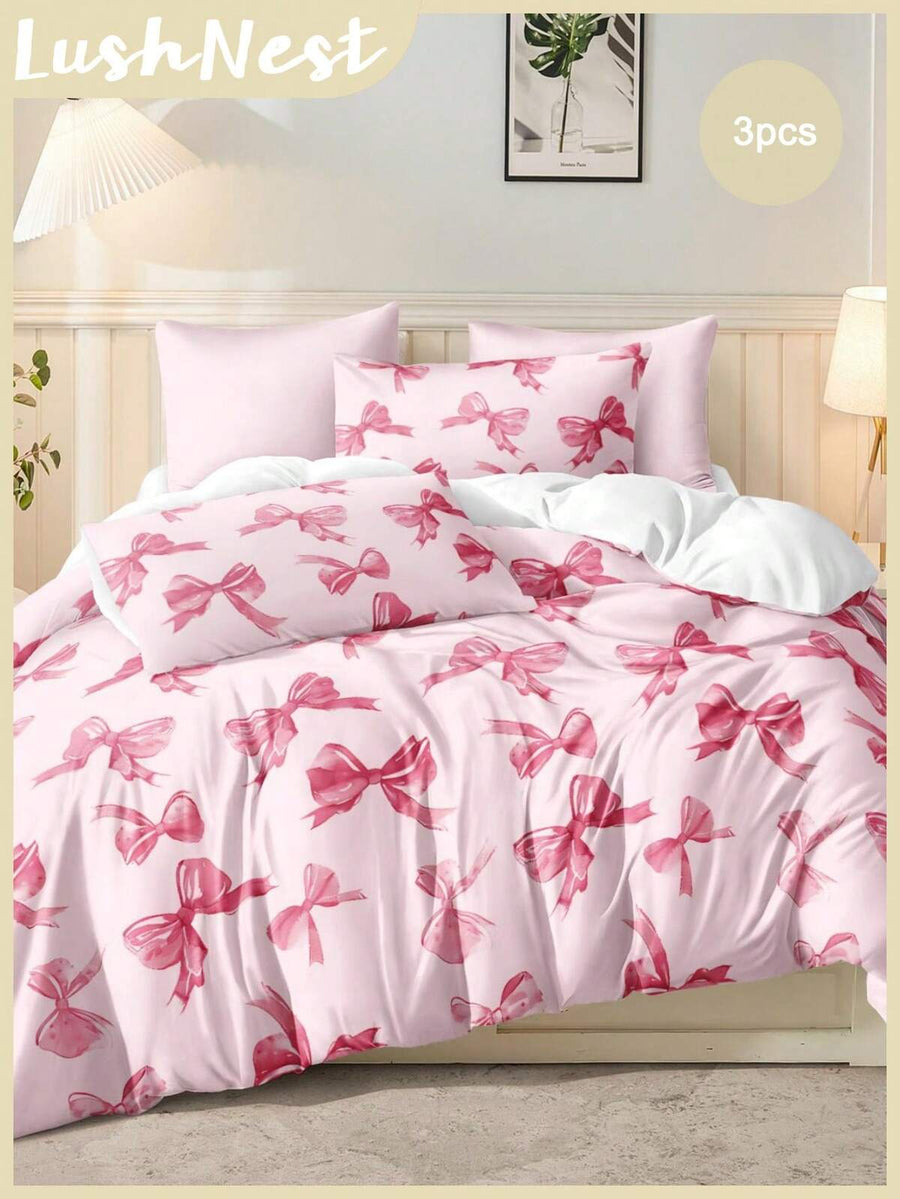 3pcs Watercolor Pink Bow Tie Valentine's Day Digital Print Bedding Set (1 Duvet Cover + 2 Pillowcases, Comforter Not Included), Cute Girly Style, Daily Use Soft Polyester Fabric, Suitable For All Seasons Bedroom/Dorm, Romantic Home Decor, Elegant Bedding