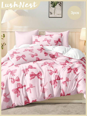 3pcs Watercolor Pink Bow Tie Valentine's Day Digital Print Bedding Set (1 Duvet Cover + 2 Pillowcases, Comforter Not Included), Cute Girly Style, Daily Use Soft Polyester Fabric, Suitable For All Seasons Bedroom/Dorm, Romantic Home Decor, Elegant Bedding