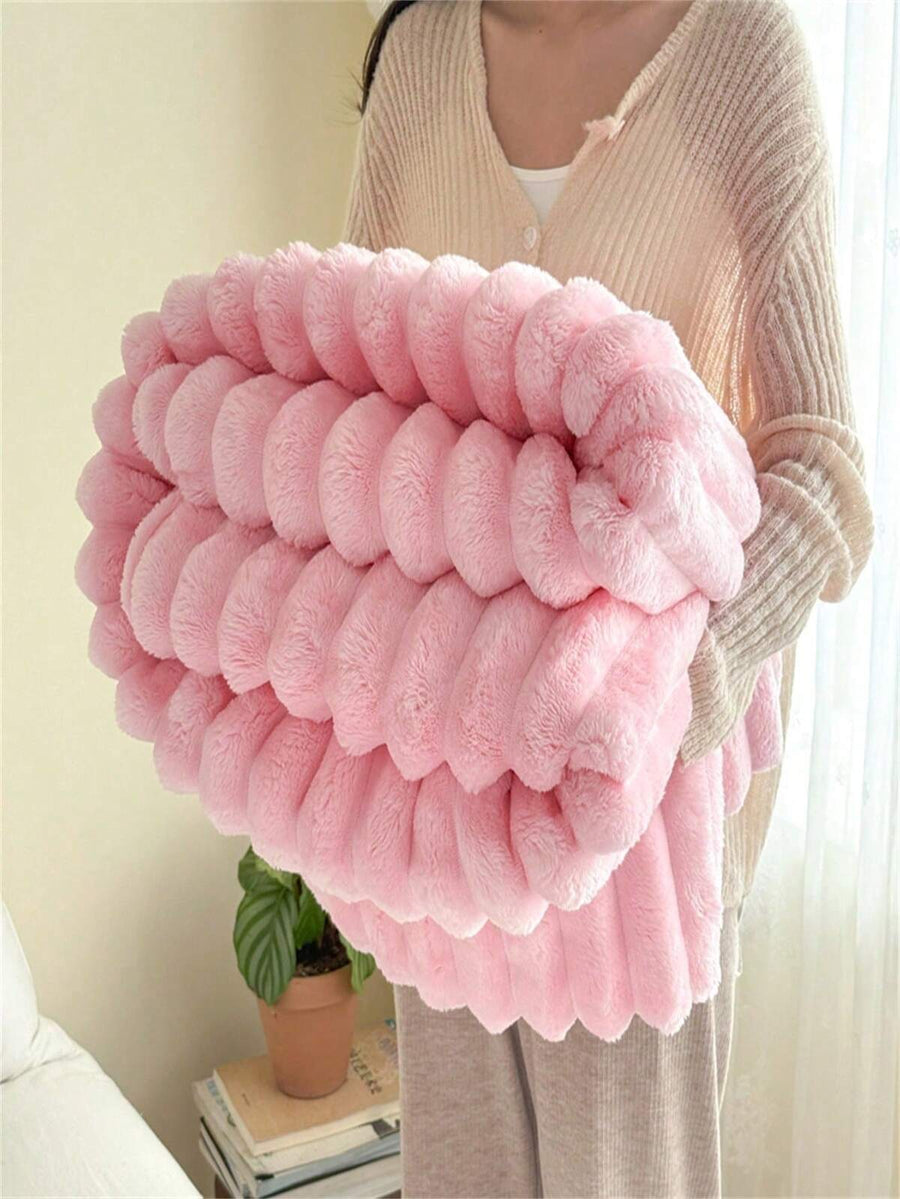 1pc Super Soft Wide Stripe Faux Rabbit Fur Fleece Blanket, Pink Bedroom Decor, Milk Plush Flannel Throw Blanket, Office Nap Small Blanket, Room Decoration Blanket And Coverlet