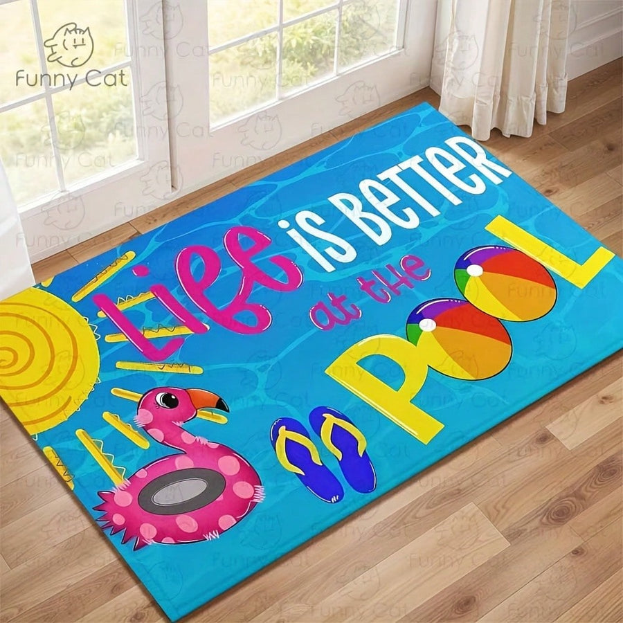 1pc, Summer Pool Party Floor Mat - Life Is Better At The Pool Entry Rug,Summer Pool And Beach Welcome Mat - "Life Is Better At The Pool" Design With Colorful Pool Elements, Machine Washable Polyester