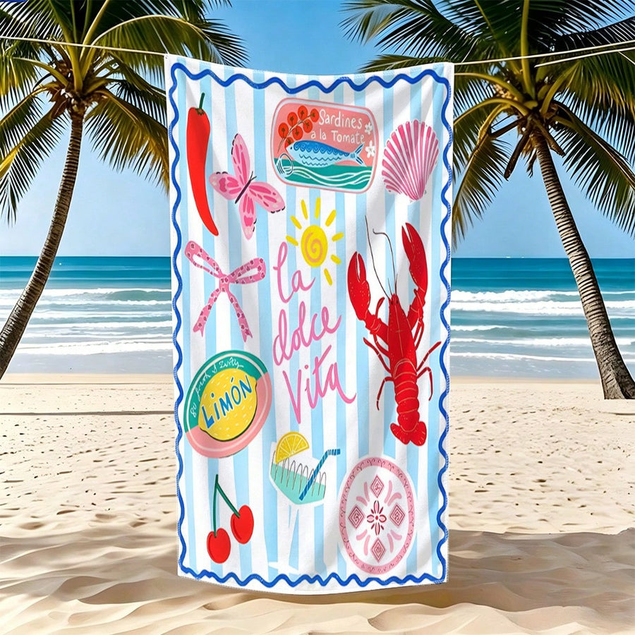 1pc Italian Lifestyle Collage Illustration Beach Towel Quick-Drying, Ultra-Soft Polyester Fiber Multi-Purpose Yoga, Travel, Swimming And Camping Best Choice For Beach Vacation Machine Washable The Perfect Gift